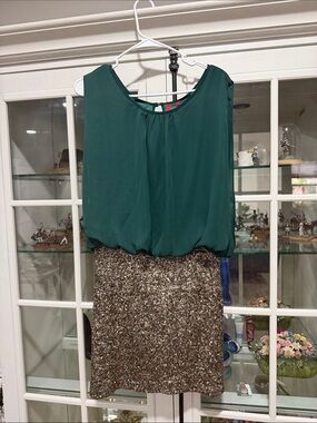 Green Blouson Top with Sequin Pencil Skirt
